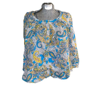 H&M turquoise, white, pink, yellow and black paisley long sleeve blouse size 4
